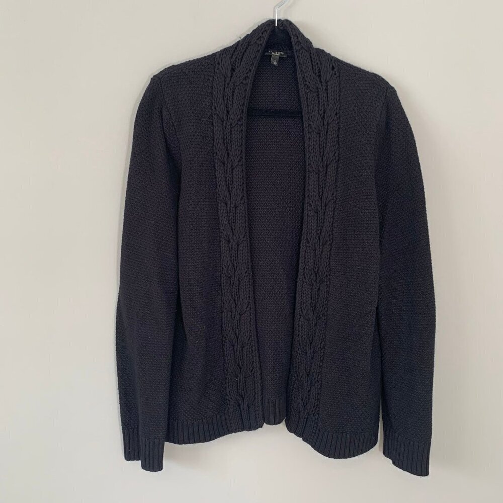 Talbots Cardigan Sweater Women Large Black Cable Knit Trim Open Front Shawl